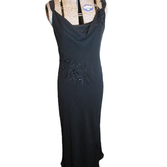 Adrianna Papell Black Chiffon Gown Floral Applique Beads EUC Whimsigoth Cowl - Picture 2 of 16